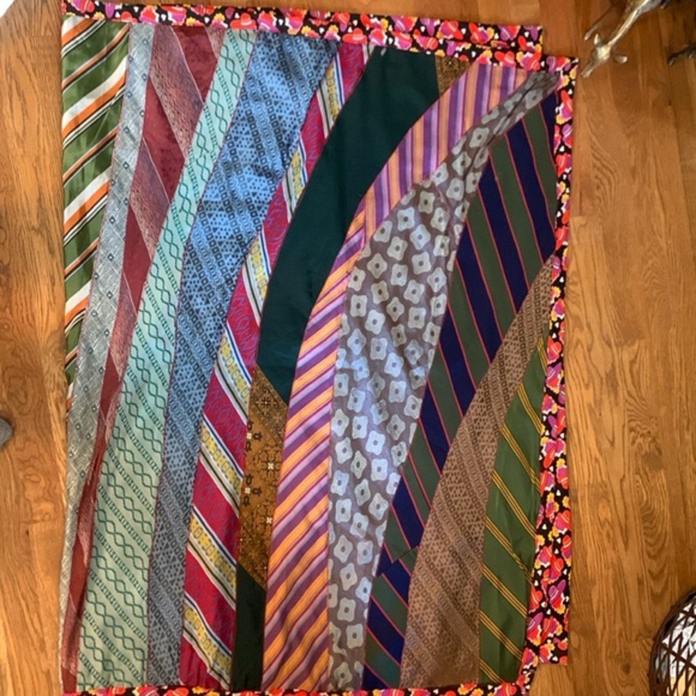 Vintage 1970s handmade necktie quilt throw colorful boho retro
